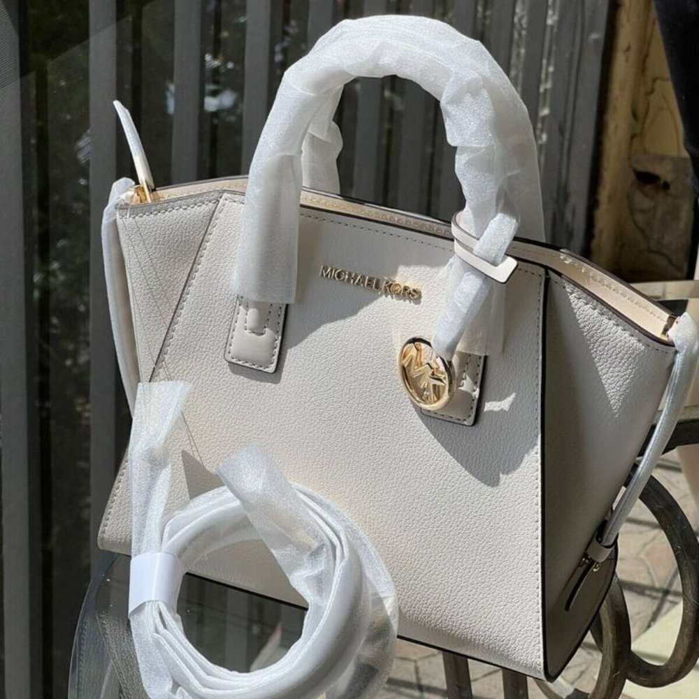 MICHAEL KORS Light Cream White Small Top Zip Satchel: Elegant with Blush Accents